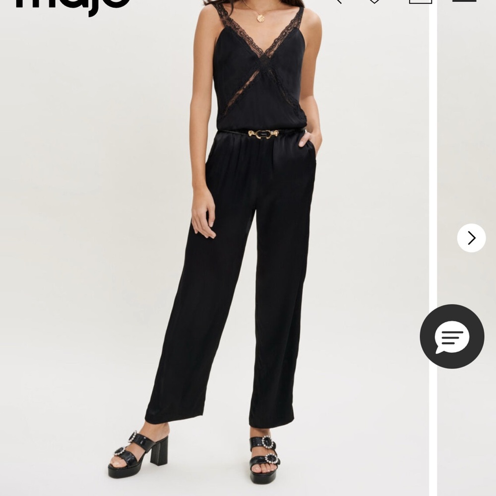 Maje Black Lace-Trim Satin Jumpsuit